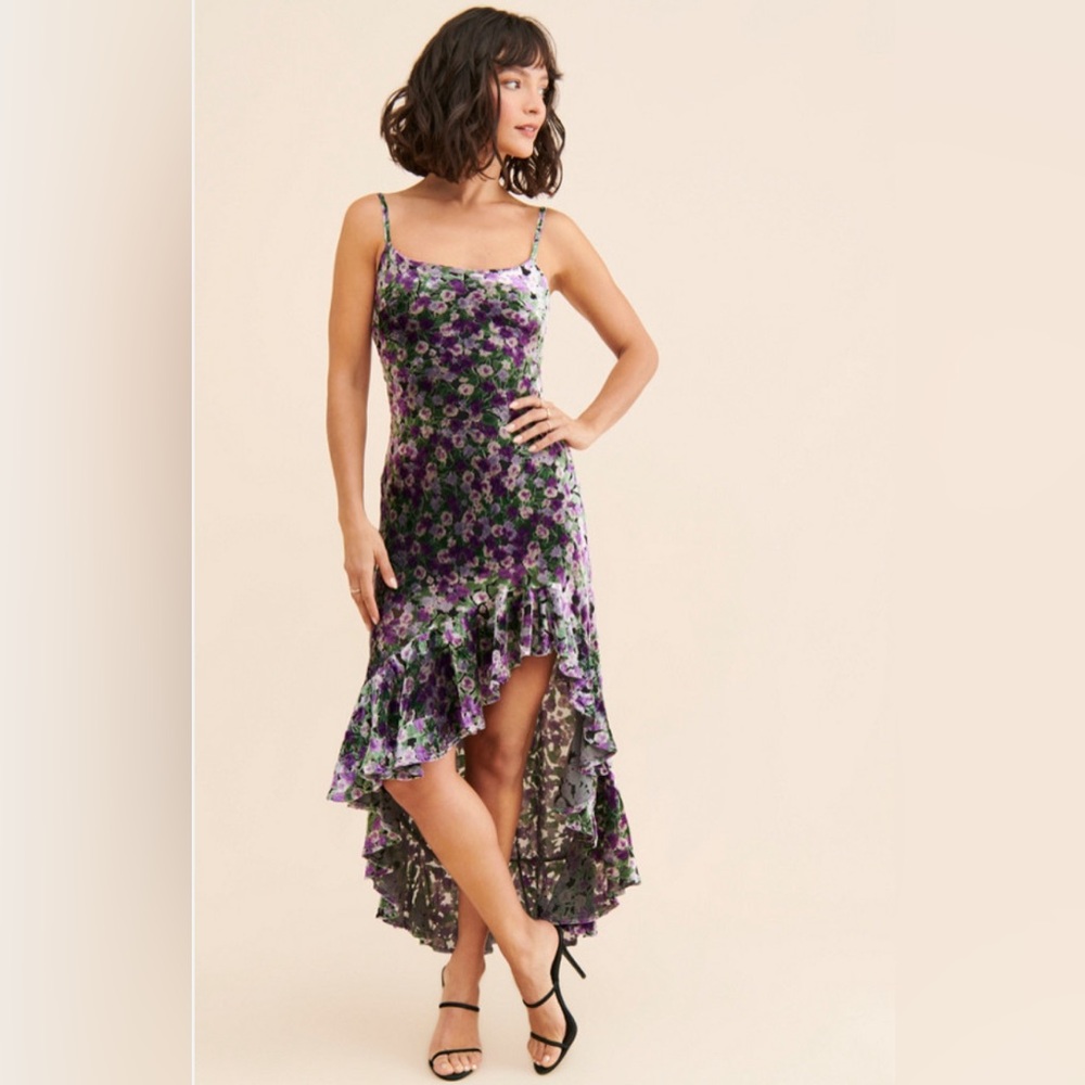 The Wolf Gang Rhapsody Asymmetrical High Low Burnout Velvet dress floral pattern